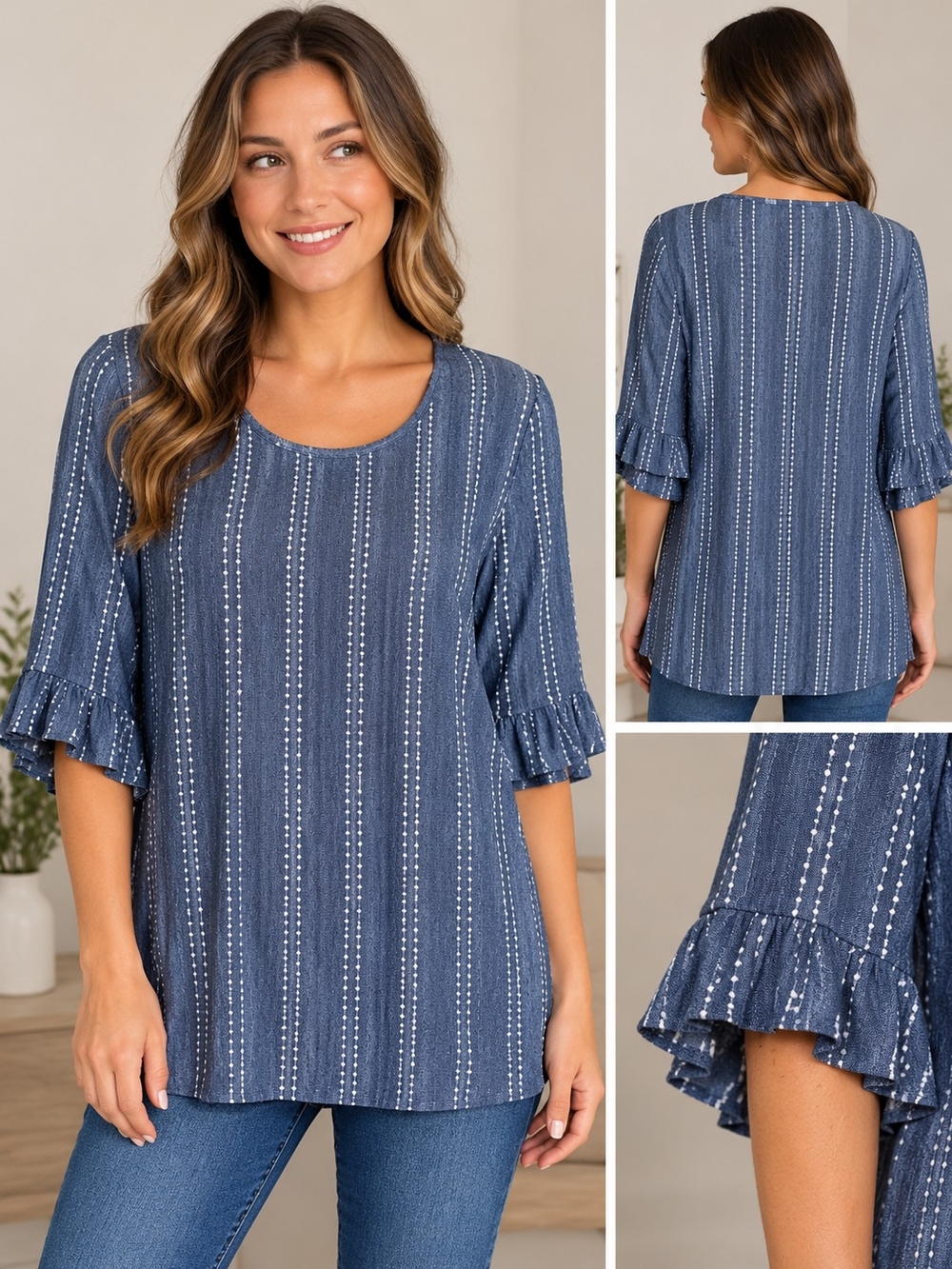 W5 Blue Stripe Ruffle Sleeve Blouse